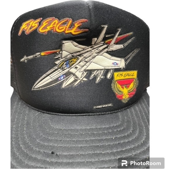 Vintage 80s F-15 Eagle Tactile Fighter Jet Trucker Hat Snap Back Black NKM INC - Picture 3 of 9